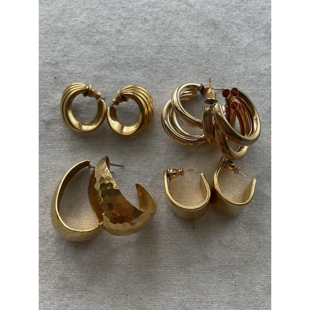 Lot Of 4 Pairs Gold Tone Hoop Style Earrings Vintage Estate Jewelry
